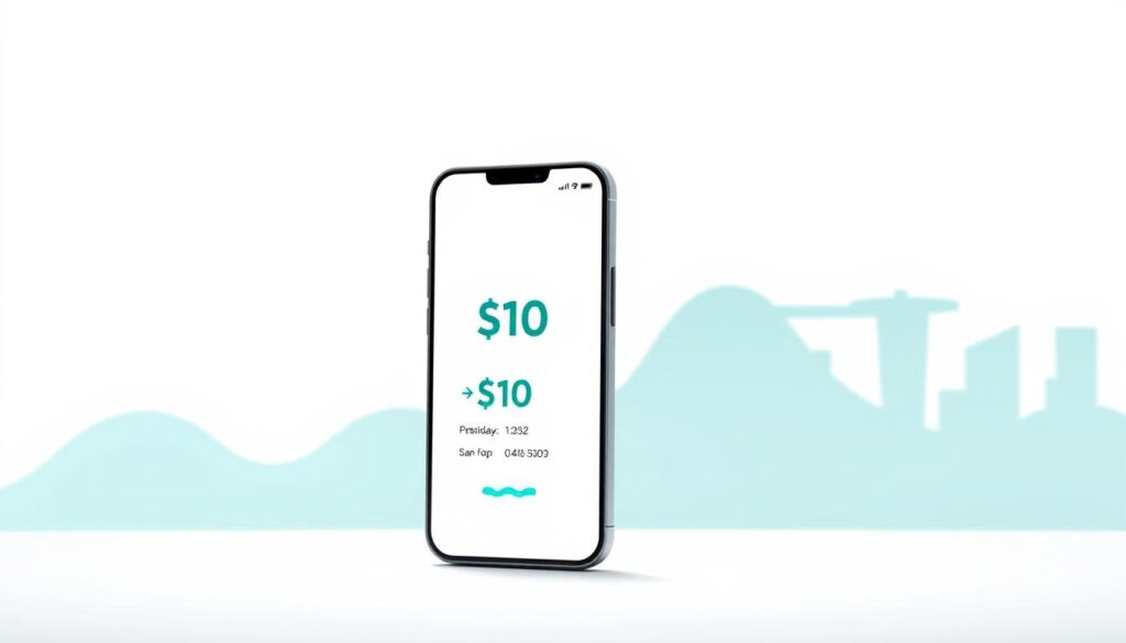 A vibrant and minimalist illustration of mobile data plans in Singapore, showcasing a sleek S$10 plan. In the foreground, a smartphone displays the plan details against a crisp white background, its screen casting a soft, natural light. The middle ground features a stylized graphic representation of data usage, with fluid lines and geometric shapes in muted shades of blue and green. The background subtly hints at the urban landscape of Singapore, with subtle architectural elements and a sense of depth, creating a balanced and visually appealing composition.