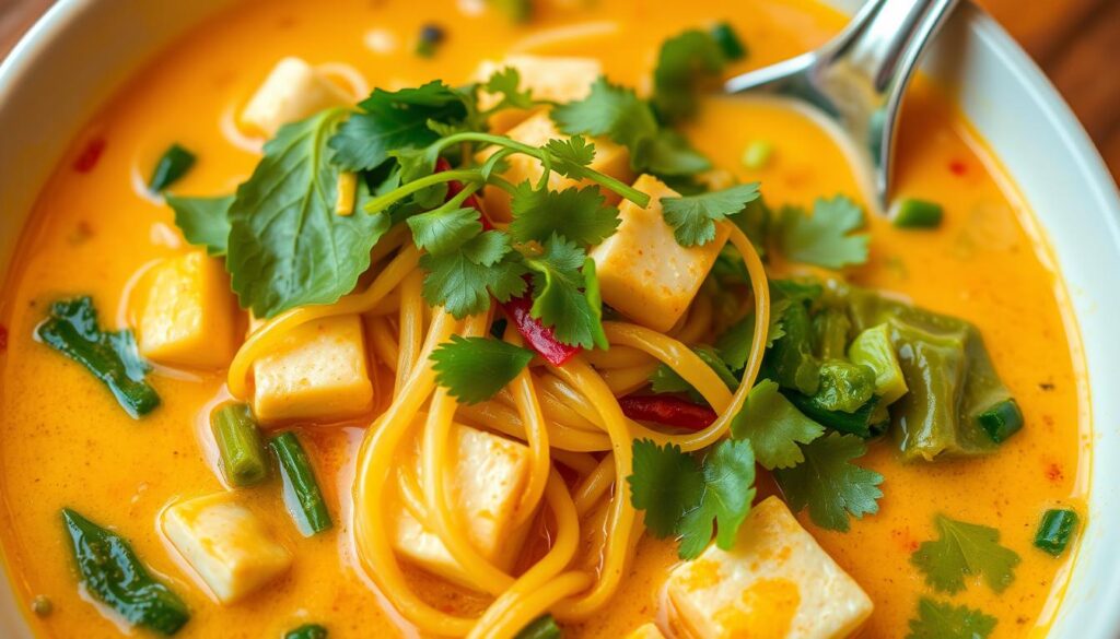 A vibrant, appetizing close-up shot of a bowl of greendot vegan laksa. The creamy, coconut-based broth is brimming with slender rice noodles, tender tofu cubes, and an abundance of fresh greens like beansprouts, bok choy, and cilantro. The surface glistens with a light sheen, inviting a satisfying spoonful. Aromatic spices and herbs like lemongrass, galangal, and turmeric lend depth of flavor. The composition is balanced, with the noodles and vegetables arranged in an appealing manner. Warm, diffused lighting casts a soft glow, highlighting the dish's vibrant colors and textures. The overall mood is comforting, wholesome, and representative of Singaporean vegan cuisine.