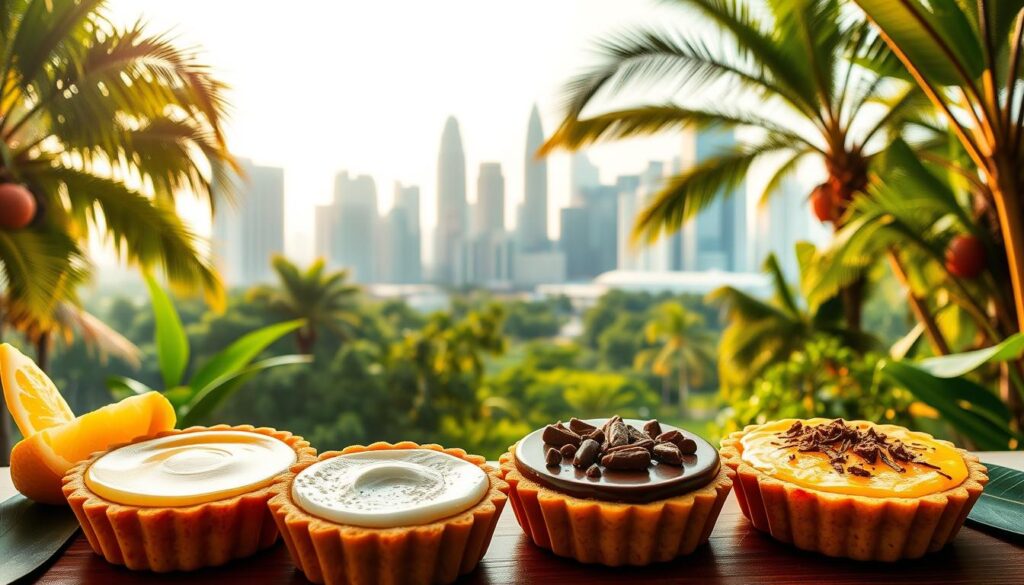 A vibrant array of tart flavors in a lush, tropical setting. The foreground features an artful display of Singapore's signature tarts - zesty lemon, creamy coconut, rich chocolate, and fragrant pandan. The mid-ground showcases the city's iconic skyline, with towering skyscrapers and lush greenery in the background. Warm, golden lighting bathes the scene, evoking the inviting atmosphere of a bustling Singaporean bakery. The composition is balanced, with the tarts taking center stage, beckoning the viewer to indulge in these must-try local delights.