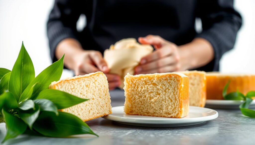 A vibrant, artfully-composed still life showcasing the key ingredients and techniques for crafting the perfect pandan chiffon cake. In the foreground, pristine green pandan leaves, fragrant and lush, sit alongside delicate, golden-brown cake slices, their airy, moist crumb and distinctive pandan flavor on full display. In the middle ground, a skilled baker's hands deftly fold the batter, demonstrating the light, gentle touch required. The background features a bright, diffused lighting setup, highlighting the cake's enticing visual appeal. The overall mood is one of culinary expertise, creativity, and an appreciation for the art of pandan cake making.