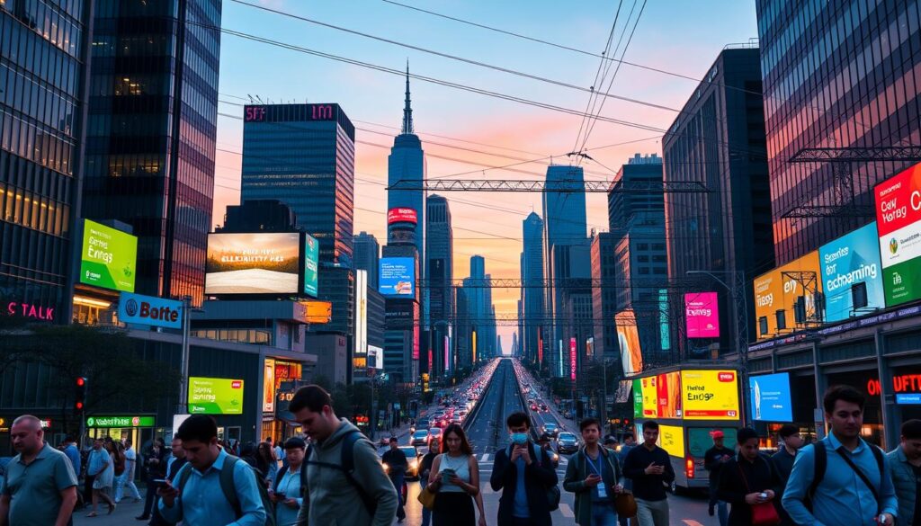 A vibrant cityscape at dusk, with towering skyscrapers and neon-lit signage for various electricity retailers. In the foreground, a group of commuters hurrying through the bustling streets, their faces illuminated by the glow of smartphones and digital billboards showcasing electricity plan offerings. The middle ground features a wide avenue lined with sleek, modern high-rises, their facades reflecting the warm hues of the setting sun. In the background, a network of power lines and transformers crisscrosses the skyline, hinting at the vast infrastructure that powers the city. The overall atmosphere is one of energy, progress, and the constant evolution of the urban landscape.