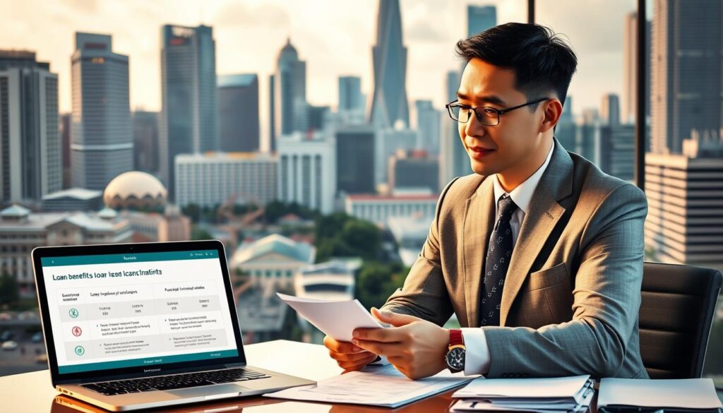 A vibrant cityscape of Singapore, with towering skyscrapers and bustling streets in the background. In the foreground, a well-dressed professional sits at a desk, reviewing financial documents and gesturing towards a laptop screen displaying loan benefits information. Warm, natural lighting illuminates the scene, creating a sense of professionalism and trustworthiness. The composition emphasizes the accessibility and advantages of obtaining a loan from a licensed money lender in Singapore, reflected in the confident demeanor of the subject and the clear, concise data presented.