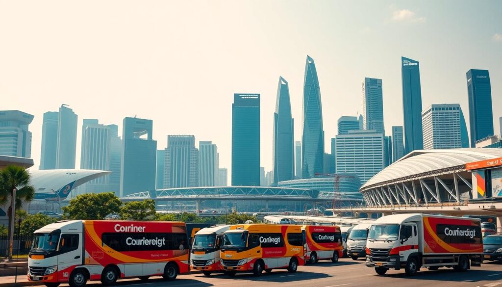 A vibrant cityscape of Singapore's skyline, with prominent courier service logos and vehicles in the foreground. The image should showcase the bustling metropolis, with skyscrapers, bridges, and public transportation in the background, conveying the efficient and fast-paced nature of the city's logistics ecosystem. The lighting should be bright and natural, with a slight haze to capture the tropical atmosphere. The camera angle should be slightly elevated, providing a comprehensive view of the scene. The overall mood should be one of professionalism, reliability, and the seamless integration of top courier services within the urban landscape of Singapore.