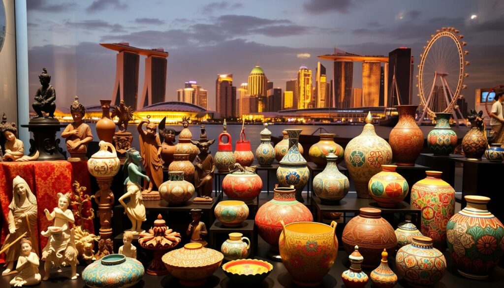 A vibrant collection of iconic Singaporean crafts and designs, showcased in a meticulously curated display. In the foreground, intricate batik textiles, delicate porcelain figurines, and intricately carved wooden sculptures capture the essence of Singapore's rich cultural heritage. The middle ground features a breathtaking array of vibrant ceramic pieces, adorned with geometric patterns and vibrant hues, reflecting the island nation's modern design sensibilities. In the background, a subtly lit cityscape of iconic landmarks, such as the Marina Bay Sands and the Singapore Flyer, provides a captivating backdrop, evoking a sense of the country's dynamic urban landscape. The overall scene is bathed in warm, golden lighting, creating a welcoming and inviting atmosphere, inviting the viewer to immerse themselves in the beauty and diversity of Singaporean craftsmanship.