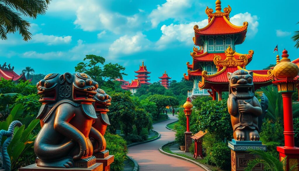 A vibrant, colorful scene depicting the iconic cultural statues of Haw Par Villa, a unique theme park in Singapore. In the foreground, a cluster of intricately carved, mythological figures stand proudly, their detailed features bathed in warm, golden light. In the middle ground, a winding path meanders through lush, verdant foliage, leading the viewer's eye towards the backdrop of ornate, ornamental structures and towering pagodas. The atmosphere is one of mysticism and wonder, inviting the viewer to explore the park's rich cultural heritage. Captured with a wide-angle lens to showcase the grandeur and scale of this unique attraction, the image conveys the quirky and whimsical nature of Haw Par Villa, a must-visit destination for those seeking to immerse themselves in Singapore's vibrant cultural tapestry.