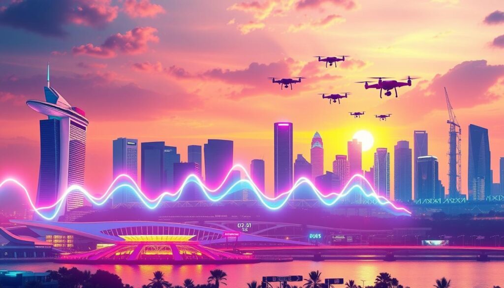 A vibrant, data-driven visualization of Singapore's electricity price trends, showcasing a dynamic line graph against a futuristic backdrop. The graph's lines pulsate with an energy-like glow, projecting a sense of anticipation for the evolving energy landscape. In the foreground, a sleek, minimalist cityscape with gleaming skyscrapers and advanced energy infrastructure stands tall, hinting at the technological advancements shaping the future of electricity. The middle ground features a vibrant data visualization, with interactive elements and animated data points that respond to the viewer's gaze. The background is a dreamlike, neon-tinged skyline, punctuated by the silhouettes of hovering drones and futuristic transport modes, all bathed in a warm, optimistic glow that conveys a sense of progress and innovation.