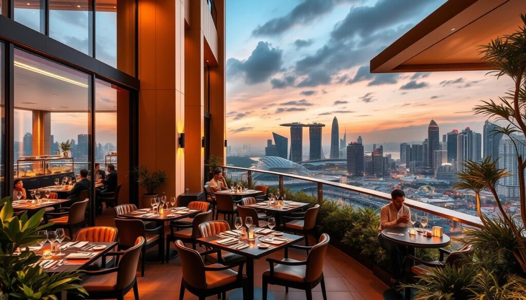 A vibrant dining scene with a breathtaking city skyline backdrop. A sophisticated restaurant terrace overlooking the bustling metropolis, with elegant tables set for an exceptional set lunch experience. Warm, golden lighting casts a cozy glow, inviting diners to savor the flavors while taking in the panoramic urban vistas. Sleek, modern architecture frames the scene, seamlessly blending indoor and outdoor spaces. Lush greenery and meticulously manicured landscaping add depth and a touch of nature to the urban tableau. The perfect setting to indulge in Singapore's finest set lunch offerings while soaking in the energy and dynamism of the city.