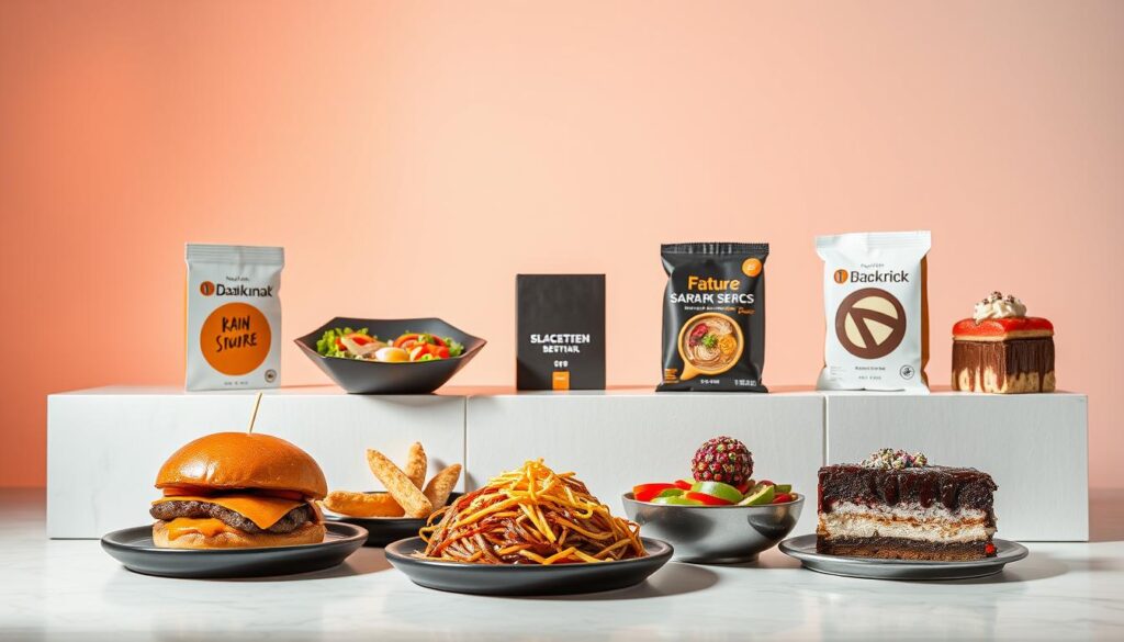 A vibrant display of June 2025 food promotions, set against a modern, minimalist backdrop. In the foreground, a selection of enticing dishes, meticulously styled and lit to highlight their mouthwatering details - a juicy burger, a steaming bowl of ramen, a colorful salad, and a decadent dessert. The middle ground features sleek, stylized packaging and branding for limited-time offers, creating a cohesive visual narrative. The background is a clean, white space, allowing the products to take center stage and exude a sense of sophistication and exclusivity. Warm, directional lighting casts subtle shadows, adding depth and dimension to the scene. The overall mood is one of temptation and anticipation, inviting the viewer to explore the latest culinary promotions.