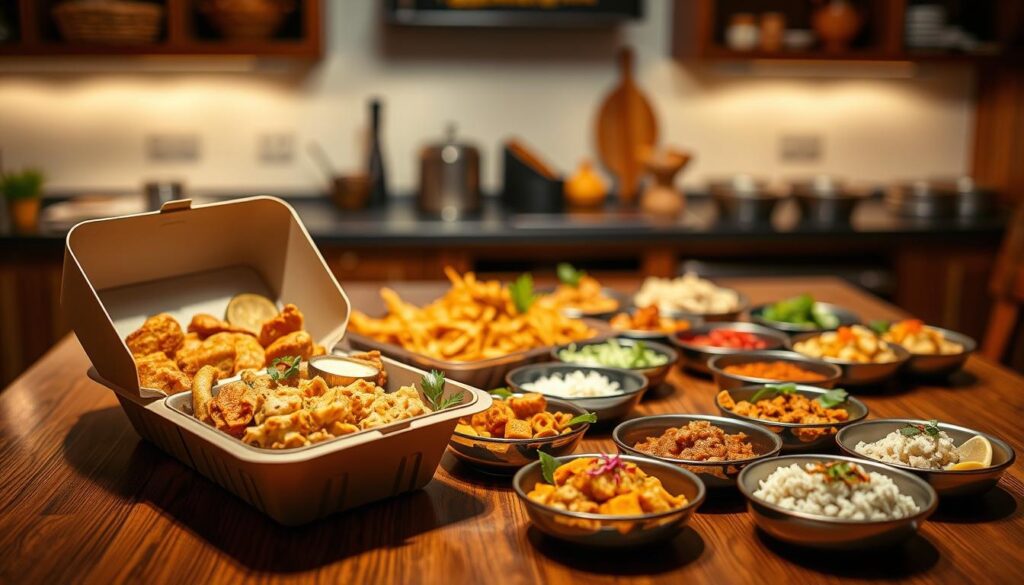 A vibrant display of customizable tingkat meals, artfully arranged on a wooden table. The foreground features an open tingkat container revealing an array of delectable dishes, each meticulously crafted with a blend of traditional and modern flavors. The middle ground showcases a variety of side dishes, from fragrant curries to fresh salads, all beautifully presented in individual compartments. The background depicts a warm, ambient lighting, creating a cozy and inviting atmosphere, reminiscent of a Singaporean home kitchen. The image is captured with a shallow depth of field, drawing the viewer's attention to the intricate details and textures of the food. This scene perfectly encapsulates the customizable and authentic experience of Ding Catering's tingkat meals.