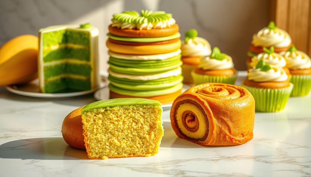 A vibrant display of pandan cake variations, artfully arranged on a marble tabletop. In the foreground, a moist and fluffy pandan chiffon cake with an emerald-green hue and a delicate, melt-in-your-mouth texture. Beside it, a pandan kaya roll, its golden-brown exterior revealing a spiral of fragrant pandan-infused custard. In the middle, a pandan layer cake, its layers stacked neatly, each one a vibrant shade of green. In the background, a selection of pandan-flavored muffins, their tops adorned with swirls of cream cheese frosting. The scene is bathed in warm, natural lighting, casting a soft, inviting glow over the delectable treats. The overall atmosphere is one of artisanal craftsmanship and Singaporean culinary excellence.