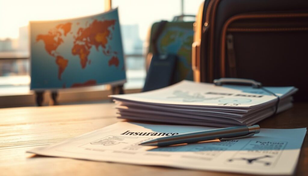 A vibrant, dynamic image of travel insurance-related elements. In the foreground, a stack of insurance documents and a pen resting on a wooden table, illuminated by warm, golden natural lighting. In the middle ground, a suitcase, a passport, and a world map, subtly hinting at the global nature of travel. In the background, a blurred cityscape or airport terminal, suggesting the context of travel and the need for insurance protection. The overall mood is one of security, preparedness, and the excitement of exploration, conveyed through the careful arrangement of the objects and the lighting.
