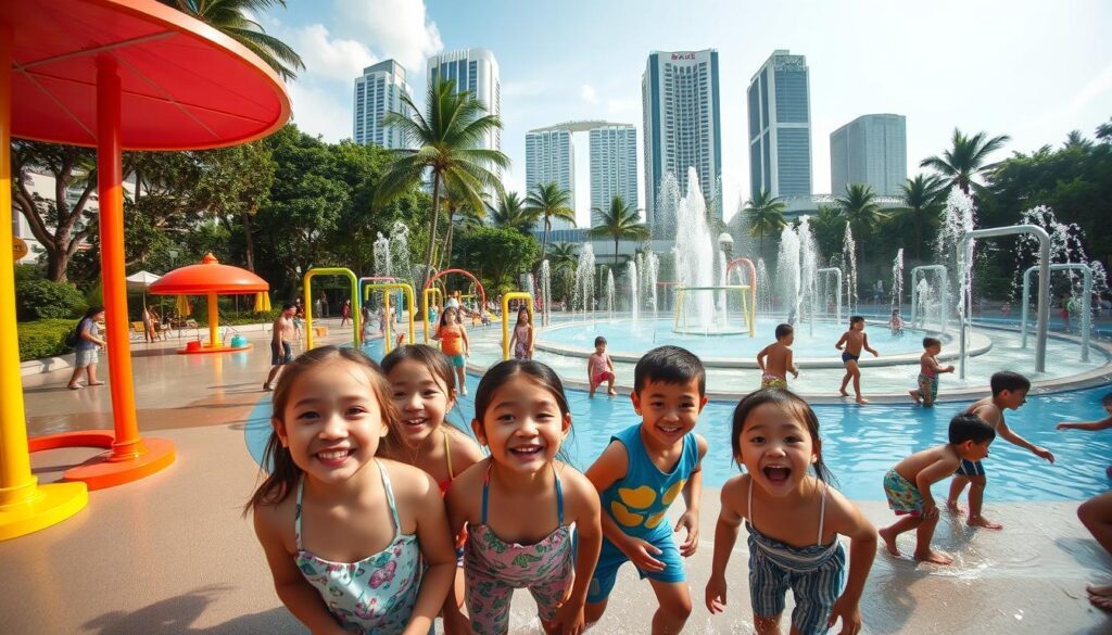 A vibrant, family-friendly water play area in Singapore, with a colorful array of interactive fountains, sprinklers, and splash pads. In the foreground, children laugh and play, their faces lit by the warm, golden sunlight. The middle ground features lush, tropical foliage and a central wading pool, inviting visitors to cool off. In the background, modern high-rises and palm trees create a picturesque, urban-nature blend, conveying a sense of tranquility and joy. The scene is captured with a wide-angle lens, showcasing the expansive and inviting nature of this idyllic water wonderland.