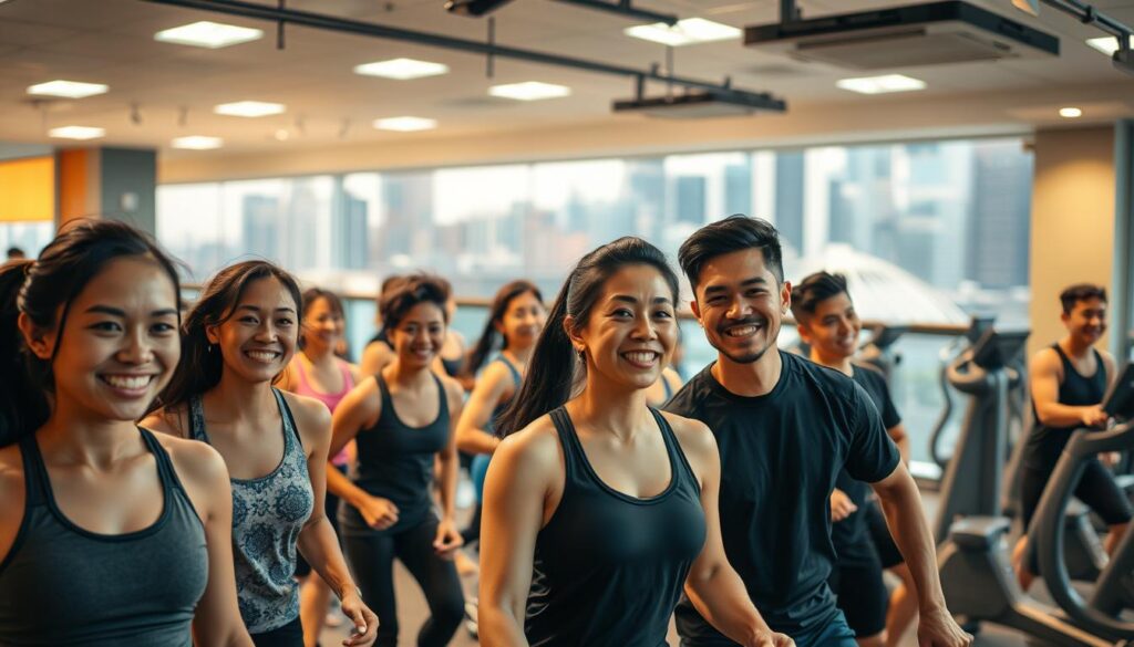 A vibrant fitness community in the heart of Singapore, captured in a dynamic wide-angle shot. In the foreground, a diverse group of individuals engaged in a lively workout session, their expressions exuding camaraderie and determination. The middle ground features state-of-the-art exercise equipment and modern, well-lit facilities, conveying a sense of professionalism and dedication. In the background, the cityscape of Singapore's iconic skyline provides a stunning backdrop, hinting at the urban energy and connectivity that permeates this thriving fitness hub. Warm, diffused lighting creates a welcoming and inclusive atmosphere, reflecting the supportive nature of this community.