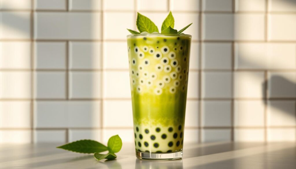 A vibrant, health-conscious bubble tea with a refreshing blend of antioxidant-rich matcha, creamy aloe vera, and probiotic-infused tapioca pearls. The drink is served in a transparent glass, allowing the layers of green and translucent toppings to create a visually appealing and Instagram-worthy presentation. Soft, natural lighting from the side illuminates the drink, casting a warm, inviting glow. The background features a minimalist, white-tiled wall, complementing the clean, wellness-focused aesthetic. The entire scene conveys a sense of balance, purity, and a conscious approach to indulging in the beloved bubble tea experience.