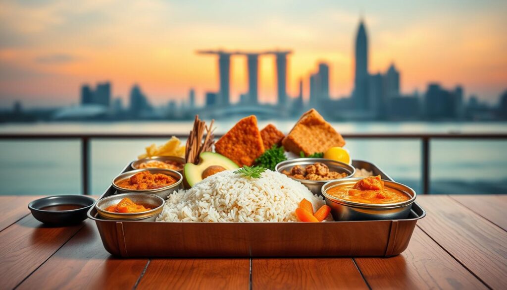 A vibrant, high-resolution image of a traditional Singaporean tingkat meal service from Kim Paradise. In the foreground, an open tingkat container showcases an array of delectable home-cooked dishes, including fragrant rice, flavorful curries, and a variety of side dishes. The middle ground features a wooden table with a clean, minimalist design, creating a warm and inviting atmosphere. In the background, a serene, blurred cityscape of Singapore's iconic skyline provides a striking contrast, suggesting the dish's connection to the local culture. Soft, natural lighting gently illuminates the scene, creating a mouthwatering and appetizing impression.