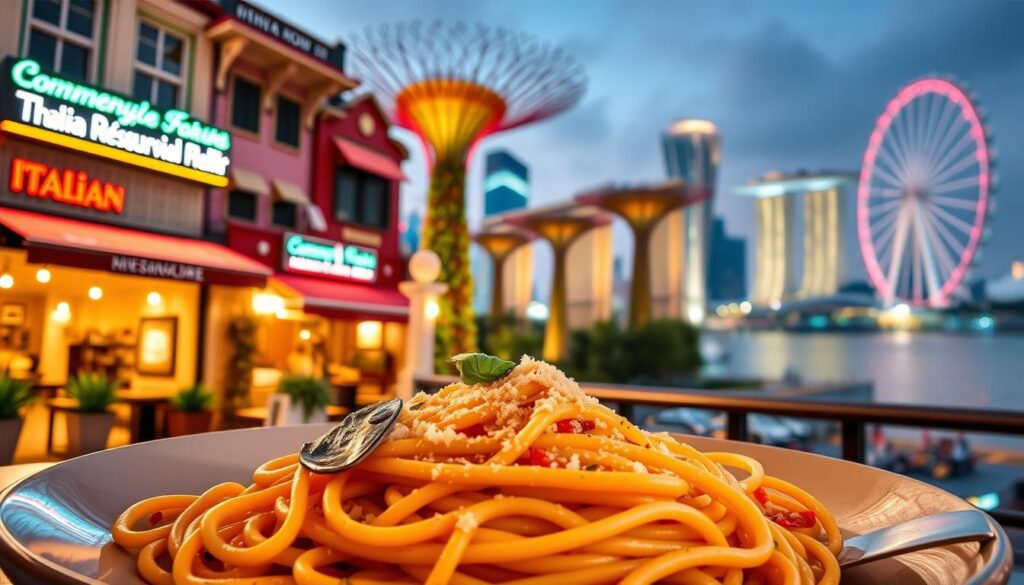 A vibrant, high-resolution image of five Italian restaurants in Singapore. In the foreground, a beautifully plated dish of pasta, perfectly al dente, garnished with fresh basil and grated Parmesan. In the middle ground, the exteriors of five renowned Italian eateries, each with distinctive architectural styles and neon signage illuminating the night sky. In the background, the iconic Marina Bay skyline, with the Supertree Grove and Singapore Flyer visible. The scene is bathed in a warm, golden hour lighting, creating a cozy and inviting atmosphere. The overall composition conveys the dynamic culinary scene and the must-try Italian dining experiences awaiting in this cosmopolitan city.
