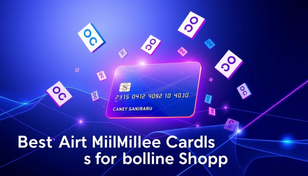 A vibrant image of a credit card surrounded by floating miles and rewards symbols, set against a sleek, minimalist background. The card, rendered in high detail, takes center stage, its surface gleaming under warm, directional lighting. Geometric shapes and line elements in shades of blue and purple create a dynamic, futuristic atmosphere, conveying the seamless, digital nature of online shopping and rewards accumulation. The overall composition evokes a sense of modern luxury and convenience, perfectly suited to illustrate the "Best AirMiles Cards for Online Shopping" section.