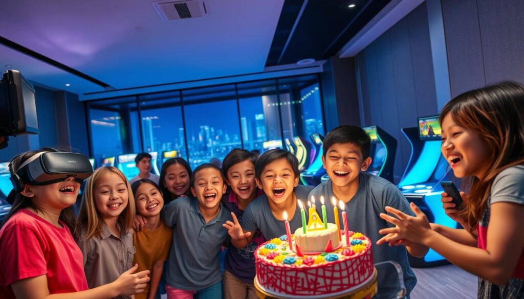 A vibrant indoor birthday celebration in Singapore, filled with excitement and joy. In the foreground, a group of friends gathered around a colorful cake, smiles beaming as they sing a lively birthday song. The middle ground showcases an array of thrilling activities, from virtual reality gaming stations to interactive arcade machines, all bathed in a warm, inviting glow. The background features sleek, modern decor, with floor-to-ceiling windows offering a glimpse of the city skyline beyond. Soft, diffused lighting sets the mood, creating an atmosphere of celebration and camaraderie. This dynamic scene captures the essence of a truly memorable indoor birthday party in the heart of Singapore.