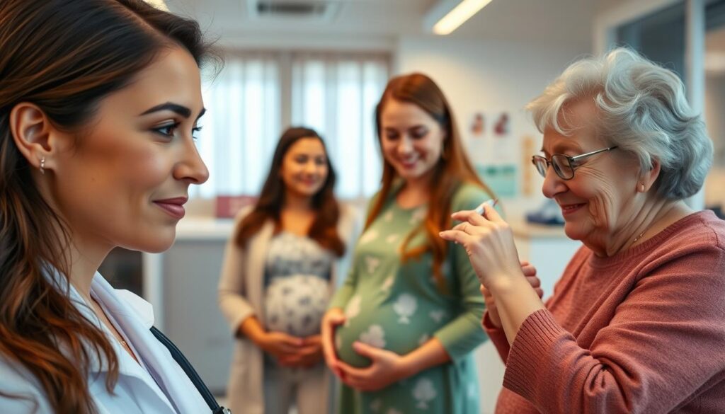 A vibrant, intergenerational scene showcasing the breadth of women's health services. In the foreground, a young woman consults with a caring female doctor, her expression serene. In the middle ground, a pregnant woman attends a prenatal checkup, her partner by her side. In the background, a senior woman receives a flu shot from a compassionate nurse, her eyes crinkling with gratitude. Soft, warm lighting illuminates the diverse, welcoming clinic, conveying a sense of comfort and professionalism. The composition emphasizes the seamless continuum of specialized care for women across all life stages.