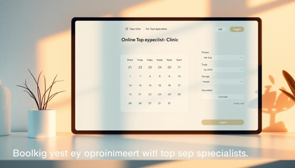 A vibrant, modern digital interface showcasing an online appointment booking system for a top eye specialist clinic. The sleek, minimalist layout features a central appointment calendar with available slots, surrounded by intuitive scheduling options and patient information fields. Warm, natural lighting casts a soft glow across the clean, responsive design, creating an inviting, user-friendly experience. Subtle textures and geometric accents lend a professional, high-quality aesthetic, reflecting the clinic's commitment to expert eye care services. The overall composition conveys a sense of efficiency, accessibility, and trust, perfectly suiting the "Booking an Appointment with Top Specialists" section of the article.