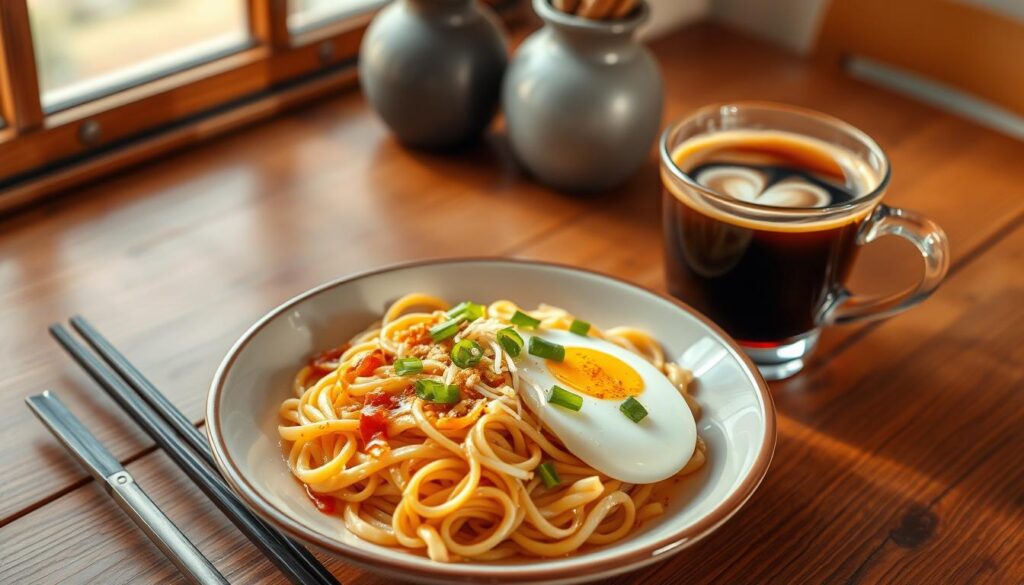 A vibrant morning scene of a delectable plate of steaming hot hor fun noodles, accompanied by a robust cup of aromatic coffee. The noodles are cooked to perfection, glistening with a light soy sauce glaze, and topped with a soft-boiled egg, crisp bean sprouts, and a sprinkle of chopped green onions. The coffee, freshly brewed, emits a tantalizing aroma, its rich, dark hue contrasting beautifully with the creamy swirls of milk. The scene is bathed in warm, natural light, casting a cozy, inviting atmosphere, with a wooden table and simple, minimalist decor setting the stage for this satisfying breakfast experience.
