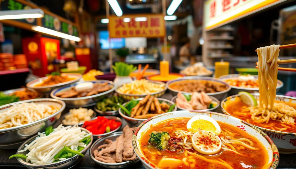 A vibrant, mouth-watering display of Mee Rebus variations, each dish a unique interpretation of the classic Singaporean noodle dish. In the foreground, a steaming bowl of Mee Rebus with a rich, savory broth, garnished with a soft-boiled egg, crispy shallots, and a sprinkle of spicy sambal. Surrounding it, an array of creative twists - Mee Rebus with tender braised beef, a tangy rendition with tamarind, and a fiery version infused with aromatic spices. The middle ground showcases an assortment of toppings and condiments, from crunchy bean sprouts to tangy pickled vegetables. In the background, a lively hawker stall setting, with the warm glow of fluorescent lights and the bustling energy of a vibrant Singaporean street food scene.