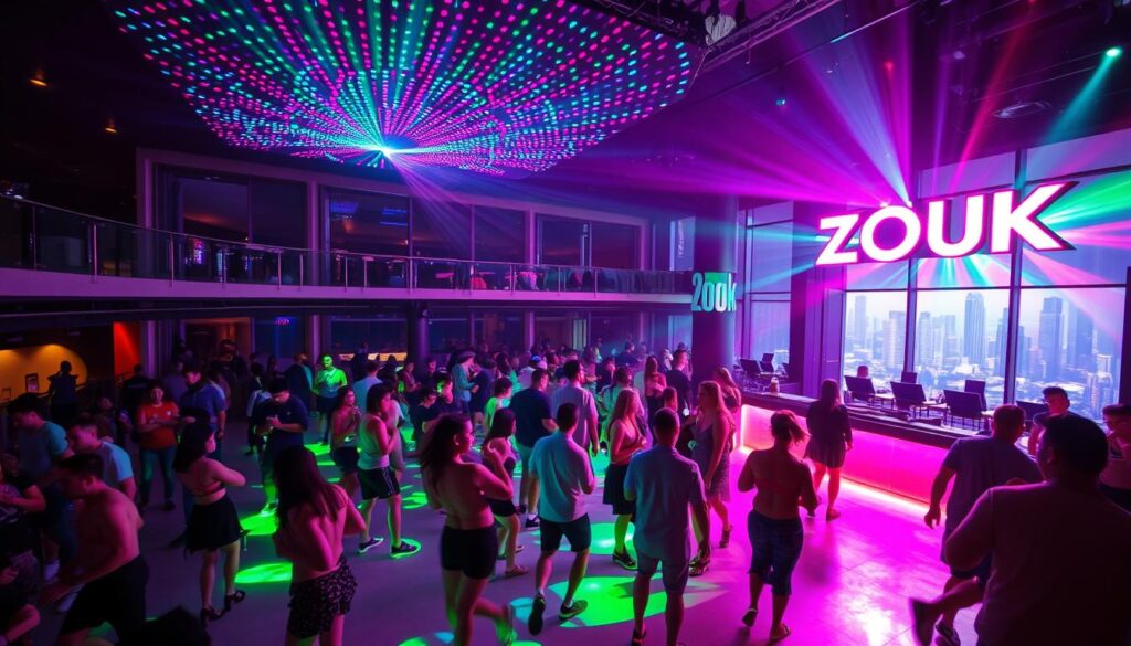 A vibrant, neon-lit dance floor pulsing with energy, surrounded by sleek, modern architecture and an electrifying atmosphere. Dancers move in sync to the beat of pounding techno music, the air thick with the scent of sweat and excitement. Overhead, a dazzling array of multicolored lights casts a mesmerizing glow, creating a sense of immersion and euphoria. The iconic Zouk sign stands tall, a beacon for Singapore's legendary nightlife scene. Through large, glass windows, the city skyline glimmers in the distance, a reminder of the club's place at the heart of the island's vibrant cultural landscape.