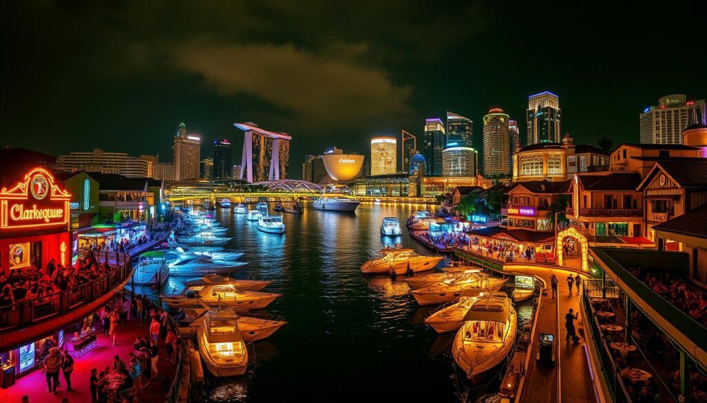 A vibrant nightscape of Clarke Quay, Singapore's iconic entertainment district. In the foreground, neon-lit bars and clubs spill out onto the waterfront promenade, bustling with revelers sipping cocktails and dancing to pulsing music. The middle ground is filled with elaborately decorated boats and yachts moored along the quay, their reflections shimmering in the dark waters. In the background, the Singapore skyline glitters with towering skyscrapers and bridges, casting a warm glow over the lively scene. Warm yellow and neon lighting create a captivating, energetic atmosphere, conveying the electric nightlife that makes Clarke Quay a premier destination for evening entertainment.