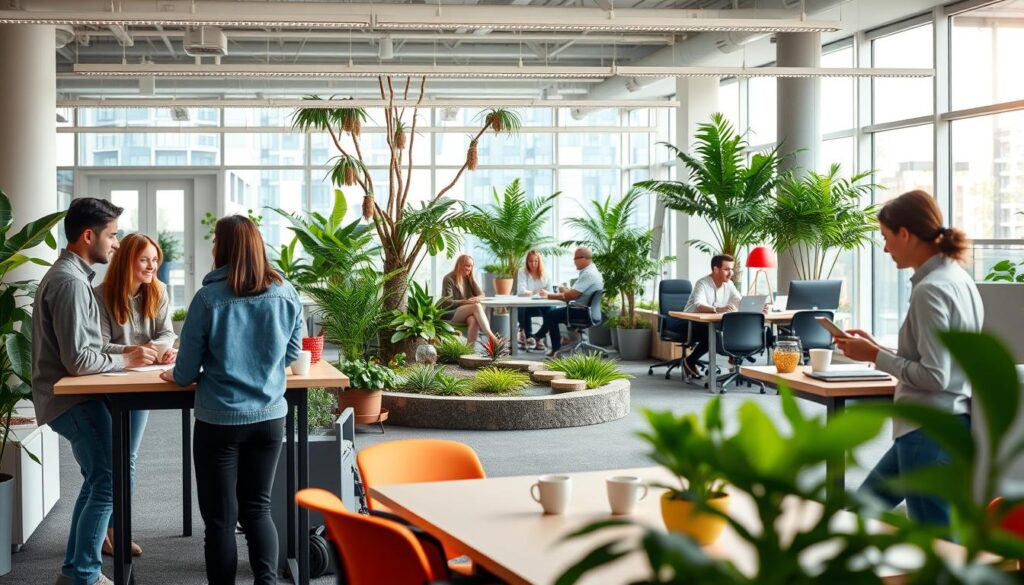 A vibrant office space with employees engaged in various work-life balance activities. In the foreground, a group of colleagues collaborating at a standing desk, exchanging ideas over cups of coffee. In the middle ground, an indoor garden with lush greenery and a small water feature, where a few employees are taking a relaxing break. The background features an open and airy layout with large windows, allowing natural light to flood the space. Soft, diffused lighting creates a warm and inviting ambiance, while ergonomic furniture and colorful accents contribute to an overall sense of comfort and wellness. The scene conveys a harmonious balance between productivity and personal well-being.