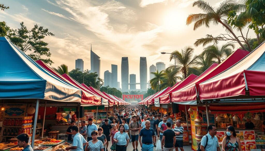 A vibrant outdoor festival scene in Singapore, 2024. Colorful tents and stalls line the streets, selling local delicacies, crafts, and traditional wares. In the middle ground, a lively crowd moves through the bustling atmosphere, capturing the energy of the celebration. The background features iconic Singaporean landmarks, bathed in warm, golden sunlight filtering through wispy clouds. The overall mood is one of joy, cultural richness, and community. Crisp, high-resolution image, shot with a wide-angle lens to capture the full scale of the festivities.