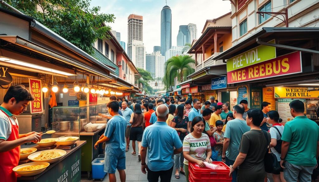 A vibrant outdoor scene of Mee Rebus stalls in the heart of Singapore. In the foreground, bustling food vendors serve up steaming bowls of the iconic Malay noodle dish, their colorful aprons and stalls casting a warm glow under the afternoon sun. The middle ground features a lively crowd of local patrons, eagerly awaiting their order while engaging in animated conversations. In the background, the iconic shophouses and skyscrapers of Singapore's skyline provide a striking contrast, conveying a sense of the city's rich cultural tapestry. The image is shot with a wide-angle lens to capture the energy and atmosphere of this quintessential Singaporean street food experience.