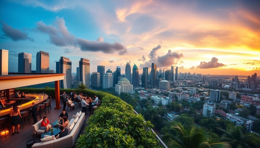 A vibrant rooftop club with a panoramic view of the glittering Singapore skyline. The foreground features a chic open-air lounge with plush seating, mood lighting, and a sleek bar serving expertly crafted cocktails. Guests mingle and dance under the stars, against the backdrop of iconic skyscrapers and a dramatic sunset sky. The middle ground showcases lush greenery and atmospheric lighting, creating a lush, tropical ambiance. In the distance, the cityscape stretches out, its towering buildings illuminated by a golden glow. The scene is captured with a wide-angle lens, emphasizing the breathtaking scope of the view and the exclusive, elevated atmosphere of this premier nightlife destination.
