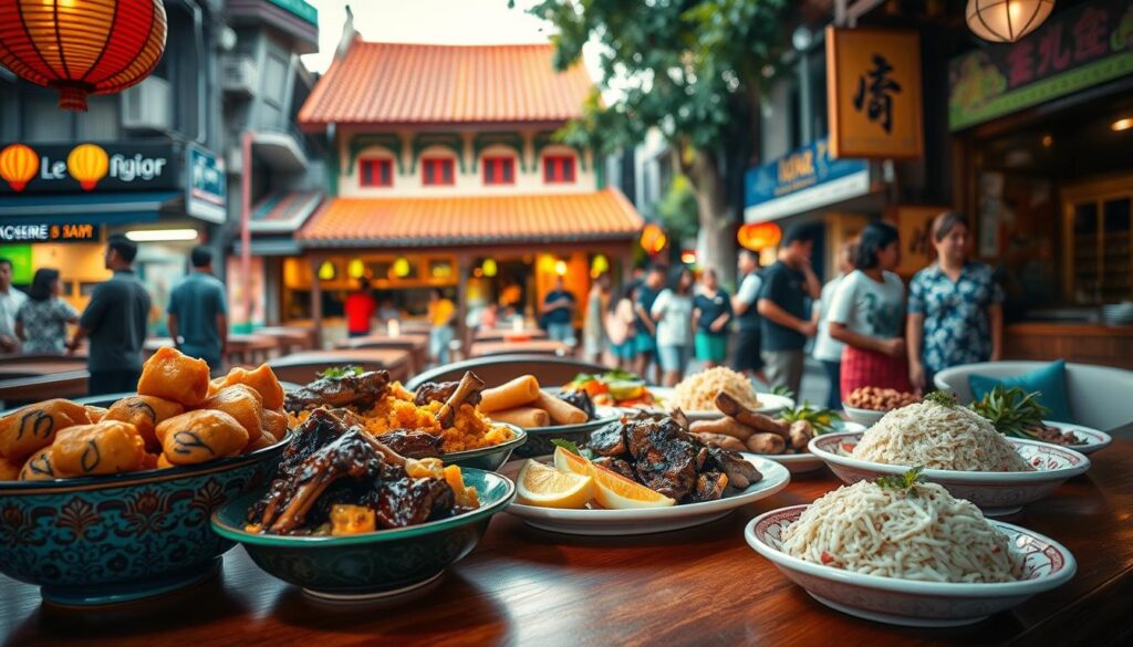 A vibrant scene of Peranakan cuisine in East Singapore, captured with a warm, golden-hour lighting and a shallow depth of field. In the foreground, an array of colorful, intricately patterned Peranakan dishes, such as ayam buah keluak, babi pongteh, and nasi ulam, arranged on a polished wooden table. The middle ground features a glimpse of a lively Peranakan shophouse, with its distinctive tile-roofed facade and intricate, ornate carvings. In the background, a bustling street scene with locals and visitors exploring the vibrant neighborhood, creating a sense of energy and authenticity. The entire composition evokes the rich cultural heritage and aromatic flavors of this unique culinary tradition.