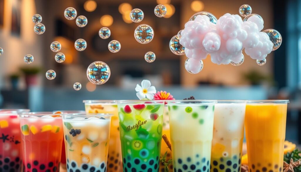 A vibrant scene showcasing a diverse array of unique bubble tea flavors. In the foreground, a collection of transparent cups filled with an array of colorful, translucent liquids, each infused with exotic fruits, herbs, and spices. Floating above, clusters of iridescent bubbles in whimsical shapes and sizes, captured in a soft, diffused lighting that creates a dreamlike atmosphere. In the middle ground, an assortment of fresh ingredients - sliced tropical fruits, fragrant flowers, and aromatic spices - arranged in a visually striking composition. The background is a hazy, out-of-focus setting, evoking a sense of a modern, trendy bubble tea shop or cafe. The overall mood is one of playfulness, creativity, and a celebration of the boundless flavors and textures of this beloved beverage.