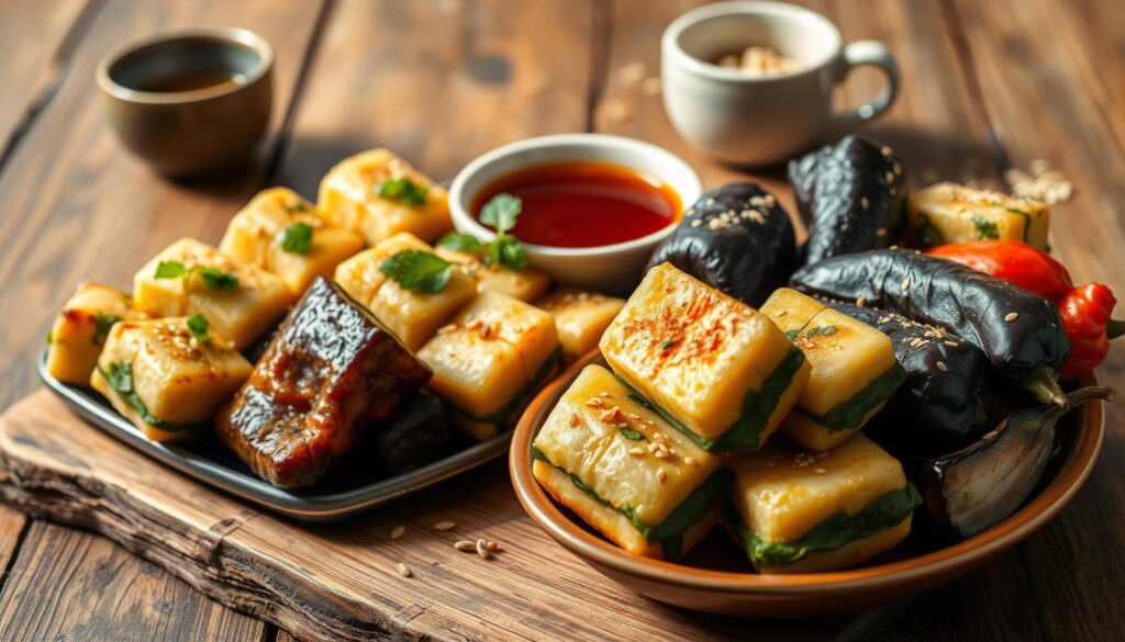 A vibrant still life of various hakka-style yong tau foo delicacies artfully arranged on a rustic wooden table. In the foreground, a platter showcases an assortment of meticulously crafted stuffed tofu, eggplant, and bitter gourd in a range of colors and textures. The middle ground features a small bowl of savory dipping sauce, garnished with fresh herbs. In the background, a simple ceramic teacup and a sprinkle of toasted sesame seeds add depth and complement the earthy tones. Soft, natural lighting casts gentle shadows, highlighting the intricate details and the inviting atmosphere. The composition evokes a sense of authenticity and culinary craftsmanship, enticing the viewer to explore the unique flavors and preparations of this beloved Singaporean hawker fare.