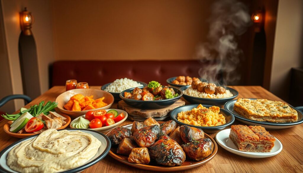 A vibrant still life showcasing an assortment of authentic Turkish dishes against a warm, inviting backdrop. In the foreground, a platter displays an array of colorful meze plates, including creamy hummus, tangy cacık, and savory sigara böreği. In the middle ground, steaming plates of fluffy pilav, fragrant kebabs, and rich baklava sit atop a rustic wooden table. The background features a minimalist yet elegant setting, with hints of Turkish architectural elements and a soft, diffused lighting that creates a cozy, atmospheric ambiance. The overall composition evokes the flavors, textures, and cultural essence of must-try Turkish cuisine in the heart of Singapore.