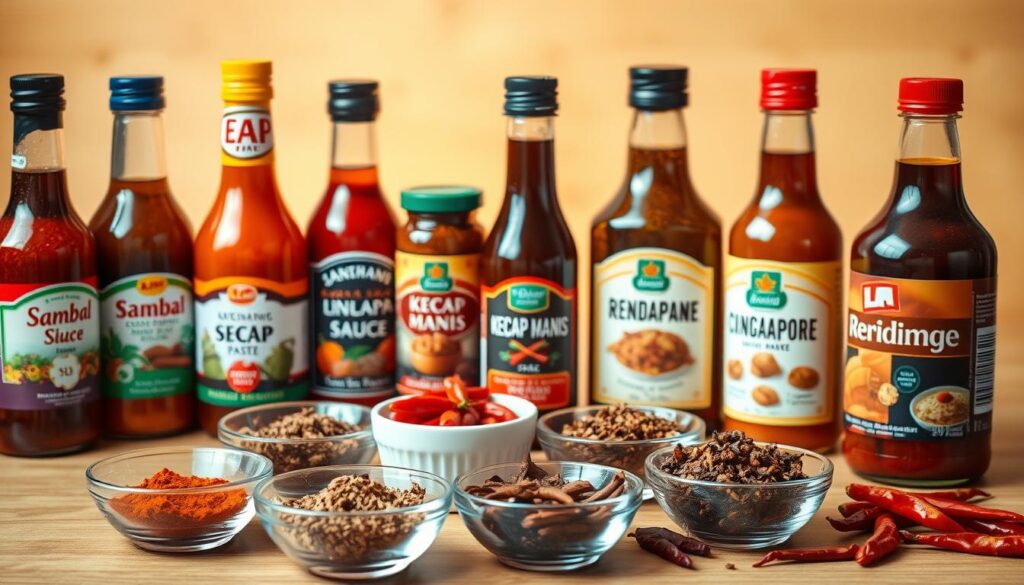 A vibrant still life showcasing an assortment of pre-made Singaporean sauces and spice kits. In the foreground, a variety of bottles and jars are arranged neatly, their labels depicting flavors like sambal, kecap manis, and rendang paste. The middle ground features small bowls filled with fragrant spices and dried chili peppers, hinting at the bold, complex flavors of Singaporean cuisine. The background is softly blurred, creating a sense of focus on the detailed textures and colors of the sauces and spices. Warm, diffused lighting casts a gentle glow, emphasizing the richness and depth of the ingredients. The overall composition conveys the essence of Singapore's vibrant, multicultural culinary heritage, inviting the viewer to imagine the flavorful dishes these pre-made sauces and spice kits can inspire.