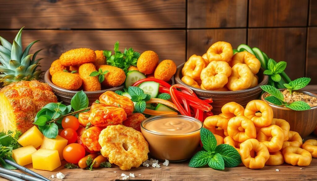 A vibrant still life showcasing the diverse flavors of Singapore's iconic Rojak. In the foreground, an array of colorful Indian Rojak ingredients - juicy pineapple slices, crisp fritters, tangy tamarind sauce, and fragrant herbs. In the middle ground, the contrasting Chinese Rojak varieties - crunchy cucumber slices, chewy dough fritters, savory peanut sauce, and fresh mint leaves. The background features a rustic wooden table, with rays of warm, natural light highlighting the textures and colors of this beloved street food. The overall composition evokes the rich cultural tapestry and mouthwatering delights of this Singaporean culinary treasure.