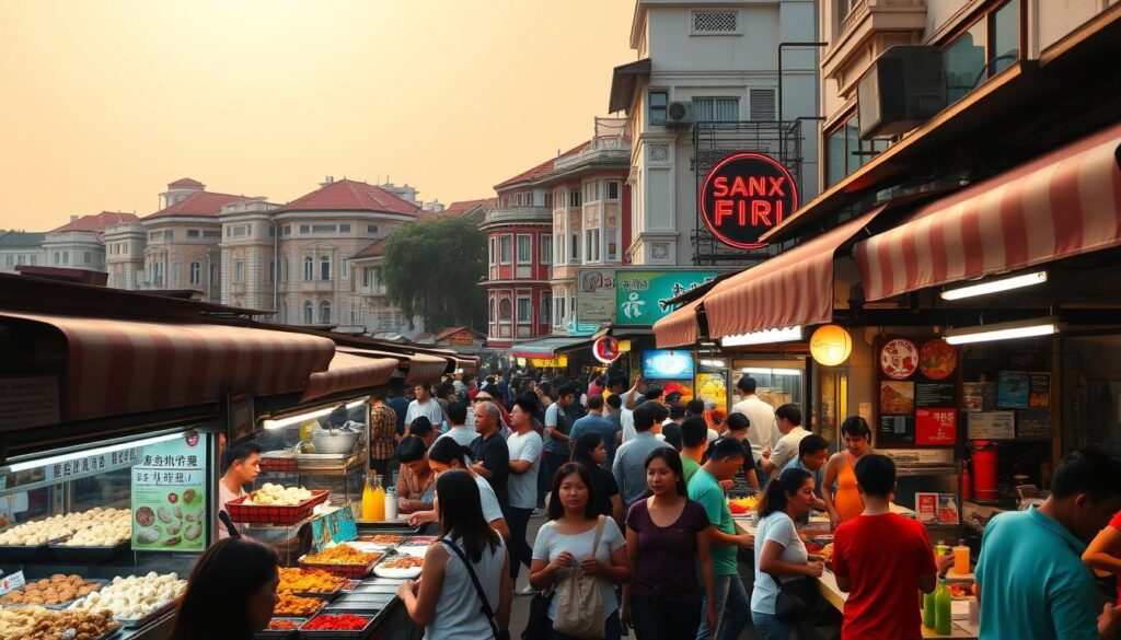 A vibrant street food scene in Singapore, with a bustling foreground of hawker stalls offering a tantalizing array of quick bites - from steaming hot dumplings and crispy fried chicken to fragrant curries and colorful fruit juices. In the middle ground, a crowd of hungry patrons weaves between the stalls, eagerly sampling the diverse flavors. The background is a tapestry of colorful shop houses, their facades adorned with intricate architectural details, set against a warm, hazy sky. The scene is illuminated by the warm glow of neon signs and the sizzle of woks, creating a lively, authentic atmosphere of Singapore's renowned affordable and delicious street food culture.