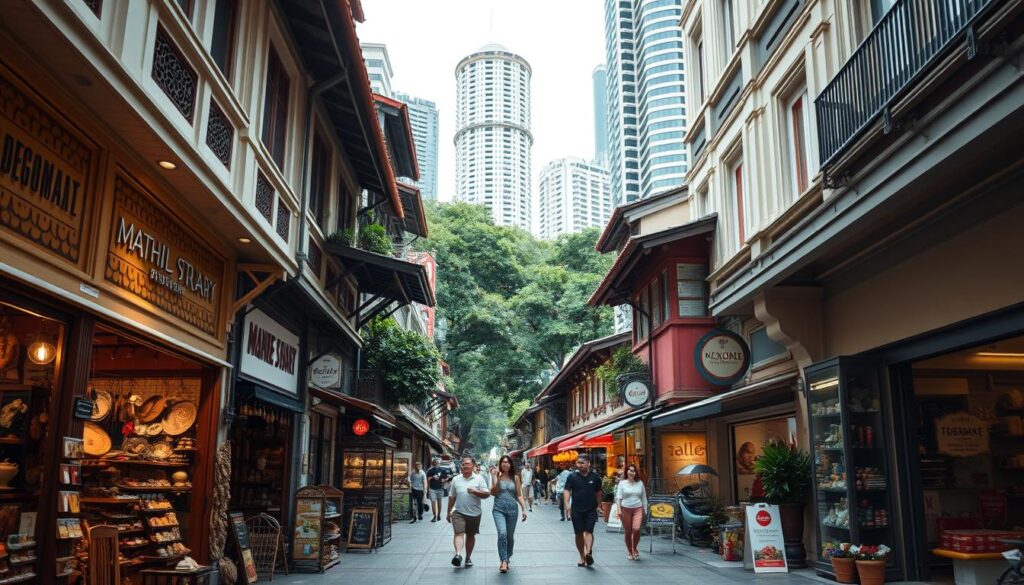 A vibrant street in Singapore's bustling city center, lined with an array of specialty stores showcasing unique wares. In the foreground, quaint shopfronts with intricate facades, their windows displaying an eclectic mix of artisanal goods, handcrafted trinkets, and specialty foods. The middle ground features pedestrians casually strolling, capturing the energy and dynamism of the neighborhood. In the background, towering skyscrapers and lush greenery create a harmonious blend of modern and traditional elements. Warm, diffused lighting filters through the scene, evoking a cozy, inviting atmosphere that beckons exploration of these niche, one-of-a-kind establishments.