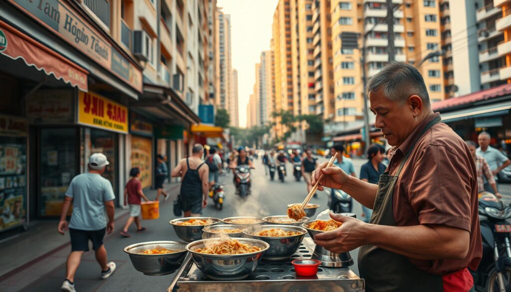 A vibrant street scene in Ang Mo Kio, Singapore. In the bustling foreground, a small hawker stall serves up steaming bowls of mee siam, the signature dish of Shi Xian. The stall's owner, an experienced local chef, delicately assembles each order, adding the perfect balance of sweet, sour, and spicy flavors. The middle ground features the lively atmosphere of the neighborhood, with passersby and colorful shop facades. In the background, the iconic HDB blocks of Ang Mo Kio provide a familiar urban backdrop, bathed in warm afternoon sunlight. The overall scene captures the essence of this beloved Singaporean hawker specialty and the dedicated purveyor who has perfected it.