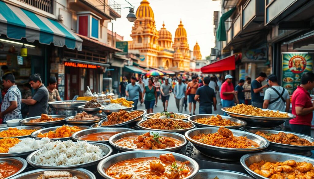 A vibrant street scene in Singapore's Little India, showcasing an array of must-try local dishes. In the foreground, a colorful assortment of traditional Indian curries, biryani, and tandoori delicacies are artfully displayed on metal trays, tantalizing the senses with their rich aromas. In the middle ground, bustling vendors and patrons navigate the lively outdoor market, with a backdrop of ornate Hindu temples and colorful storefronts bathed in warm, golden afternoon light. The scene exudes a palpable energy and sense of culinary adventure, inviting the viewer to immerse themselves in the vibrant flavors and cultural tapestry of this iconic Singaporean neighborhood.
