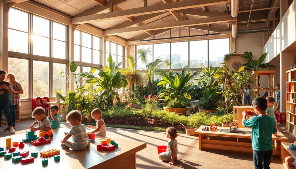 A vibrant, sun-drenched indoor learning space filled with engaging play-based activities. In the foreground, children explore interactive stations, building structures with colorful blocks and manipulatives. The middle ground showcases a lush, verdant indoor garden teeming with natural textures and lush greenery, creating a serene, nurturing environment. Warm, soft lighting filters through large windows, casting a gentle glow across the scene. The background features open, airy architecture with high ceilings and exposed beams, evoking a sense of openness and discovery. An atmosphere of curiosity, collaboration, and joyful learning permeates the space, inspiring young minds to reach their full potential.