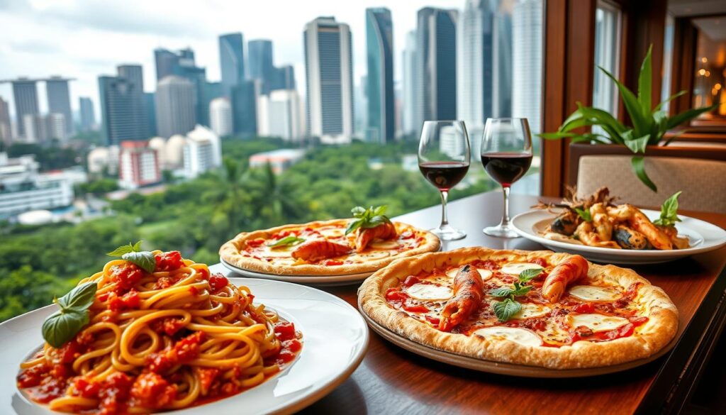 A vibrant table setting showcasing an array of authentic Italian dishes in the heart of Singapore. In the foreground, a delectable pasta dish with rich tomato sauce, garnished with fresh basil leaves. Beside it, a crisp, wood-fired pizza with a golden crust and melted mozzarella. In the middle ground, a platter of sizzling grilled seafood, complemented by a glass of robust red wine. The background features the bustling cityscape of Singapore, with skyscrapers and lush greenery, creating a cosmopolitan yet cozy atmosphere. Soft, warm lighting illuminates the scene, capturing the essence of Italy's culinary traditions seamlessly blended with the vibrant Singaporean locale.