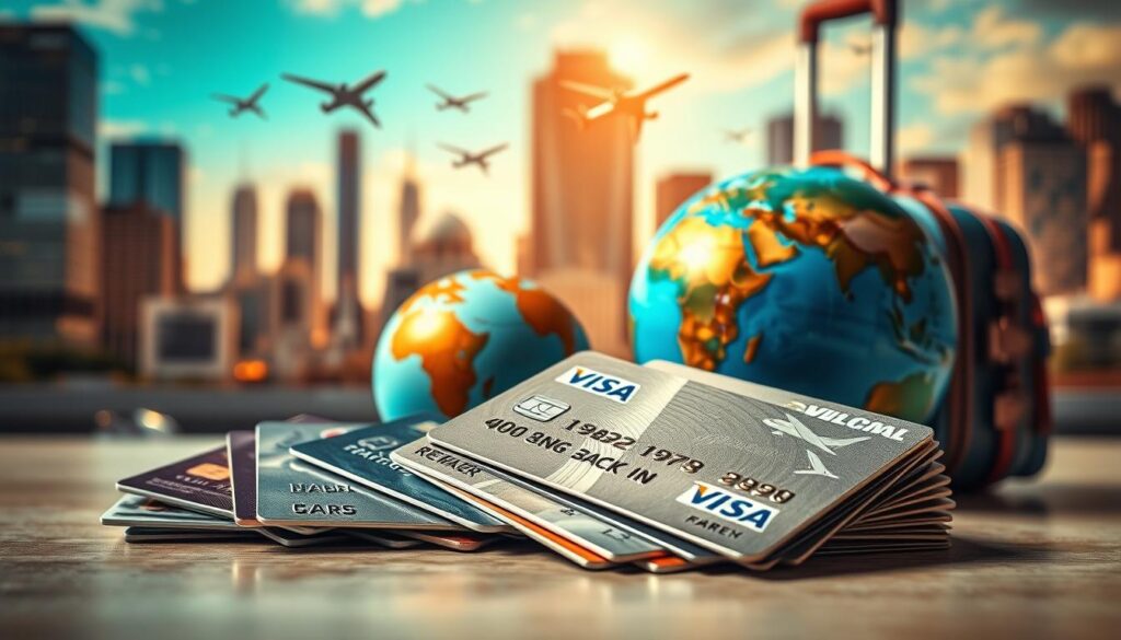 A vibrant travel-themed composition showcasing a variety of credit cards and rewards programs. In the foreground, a stack of shiny metal credit cards with travel-related icons and logos. In the middle ground, a globe and suitcase symbolize the excitement of global adventures. The background features a blurred cityscape with skyscrapers and airplanes taking flight, conveying the sense of worldwide connectivity. Warm, golden lighting casts a dreamlike, aspirational atmosphere, highlighting the promise of maximizing travel rewards. Captured with a wide-angle lens to emphasize the breadth of the scene.
