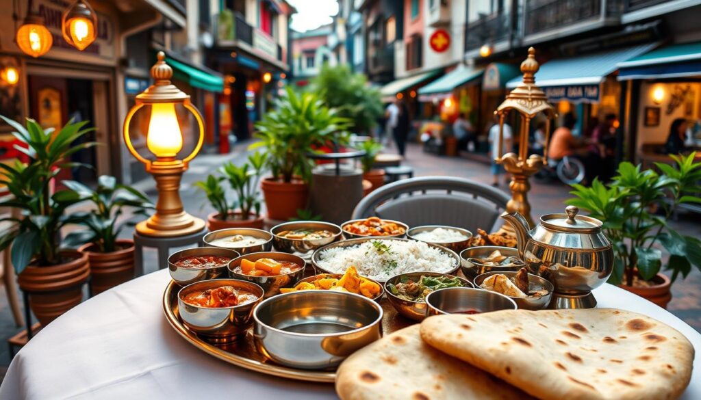 A vibrant vegetarian thali set against the bustling backdrop of Singapore's Little India neighborhood. A circular brass plate showcases an array of colorful curries, chutneys, and rices, artfully arranged. Warm lighting casts a golden glow, highlighting the intricate patterns of the stainless steel serving dishes. In the foreground, freshly baked naan bread and a stainless steel water vessel sit atop a crisp white tablecloth, complementing the traditional decor. The middle ground features potted plants and brass lamps, while the background depicts the distinctive shophouses and bustling streets of this culturally rich enclave.