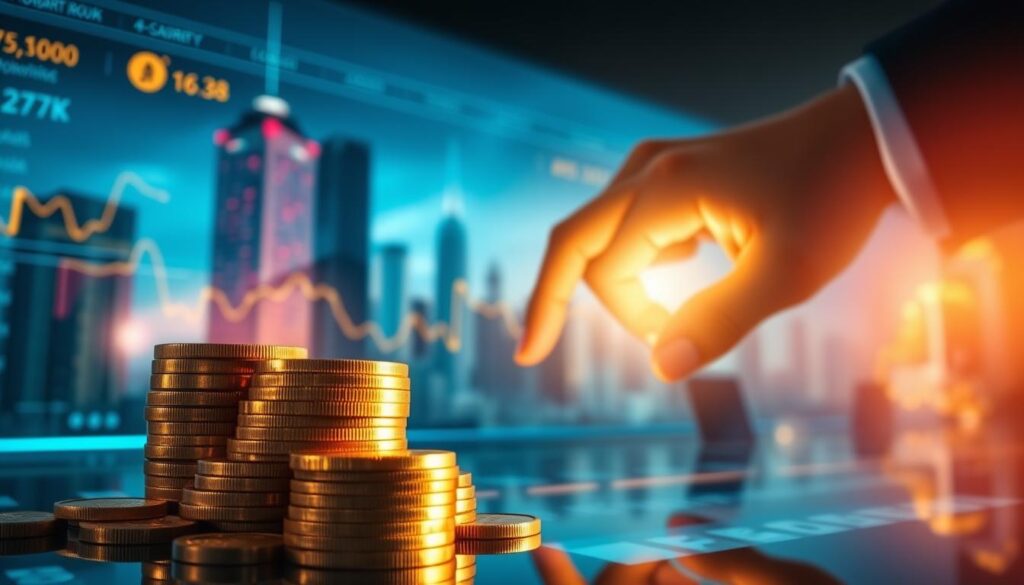 A vibrant, visually striking image showcasing the art of maximizing cashback earnings. In the foreground, a gleaming stack of golden coins and bills, casting a warm glow against a backdrop of a sleek, modern financial dashboard. The middle ground features a hand expertly navigating a touchscreen device, deftly optimizing cashback opportunities. In the background, a cityscape of towering skyscrapers and bustling streets, symbolizing the financial landscape. Soft, directional lighting illuminates the scene, creating a sense of focus and intentionality. Captured with a wide-angle lens to convey a sense of scale and grandeur, this image embodies the thrill of maximizing one's cashback potential.