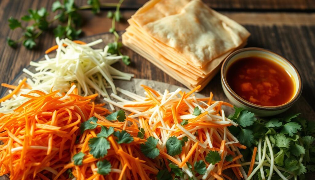 A vibrant, well-lit overhead shot of an artfully arranged DIY popiah set, complete with a selection of fresh, locally-sourced ingredients. In the foreground, neatly portioned piles of shredded jicama, carrot, bean sprouts, and chopped coriander leaves. In the middle ground, a stack of warm, softly steamed popiah wrappers, and a small dipping bowl filled with a rich, savory dipping sauce. In the background, a rustic wooden table or surface, with a few sprigs of herbs adding a touch of natural greenery. The lighting is soft and diffused, creating a warm, inviting atmosphere that captures the homemade, artisanal quality of the DIY popiah experience.