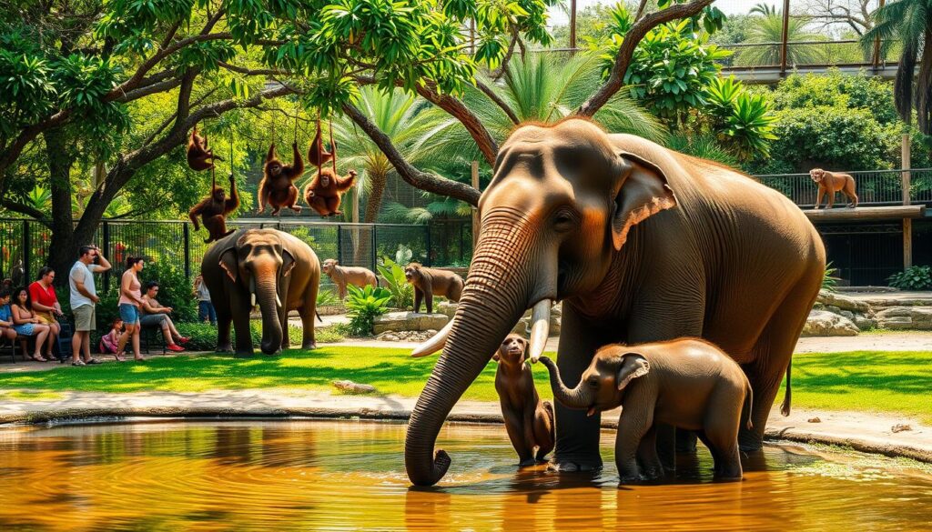 A vibrant, wildlife-filled scene in the Singapore Zoo, captured with a wide-angle lens and natural lighting. In the foreground, visitors observe a family of Asian elephants drinking from a watering hole, their massive frames highlighted by the warm, golden hue of the afternoon sun. In the middle ground, a troupe of playful orangutans swing from lush, verdant foliage, while in the background, a variety of other native Singaporean species, such as the Malayan tiger and the proboscis monkey, roam their enclosures, creating a sense of immersion in the rich biodiversity of the region.