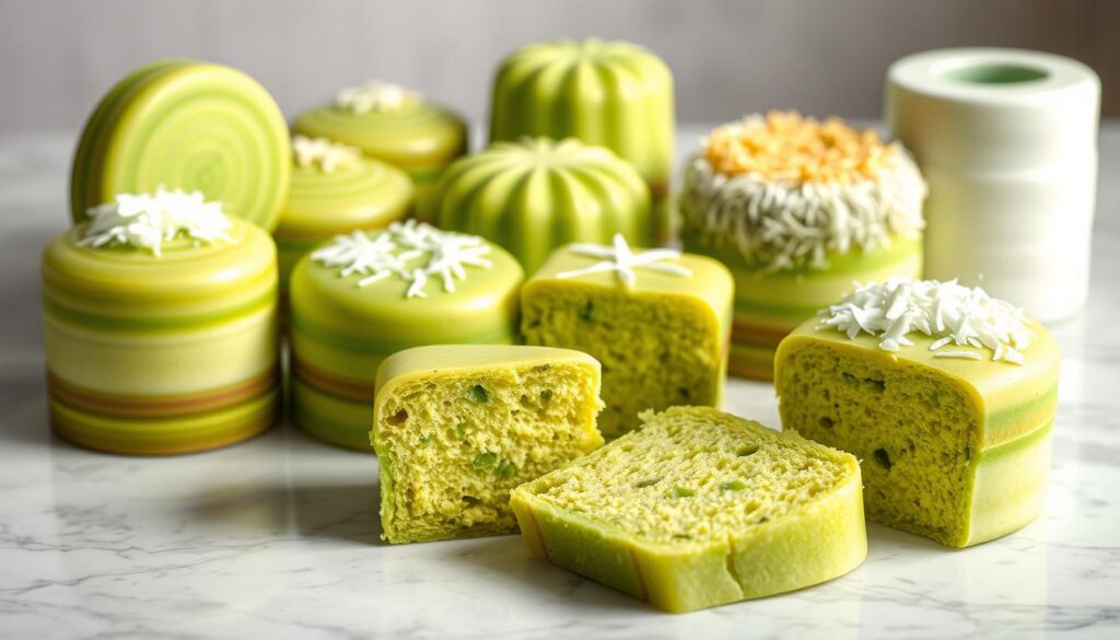 A visually appealing display of freshly baked pandan cakes, arranged in an artful selection. The cakes are presented on a marble or granite countertop, with soft, natural lighting gently illuminating their vibrant green hues and delicate patterning. In the foreground, a few sliced pieces showcase the tender, moist crumb and enticing aroma. The middle ground features an assortment of whole cakes, each showcasing its unique shape, size, and decorative elements, such as coconut shreds or subtle drizzles of glaze. The background is blurred, creating a sense of depth and focus on the cakes themselves. The overall composition exudes a sense of elegance, highlighting the expertise and care required to craft the perfect pandan cake.
